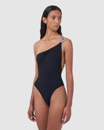 Bling one shoulder swimsuit : Women Swimwear Black