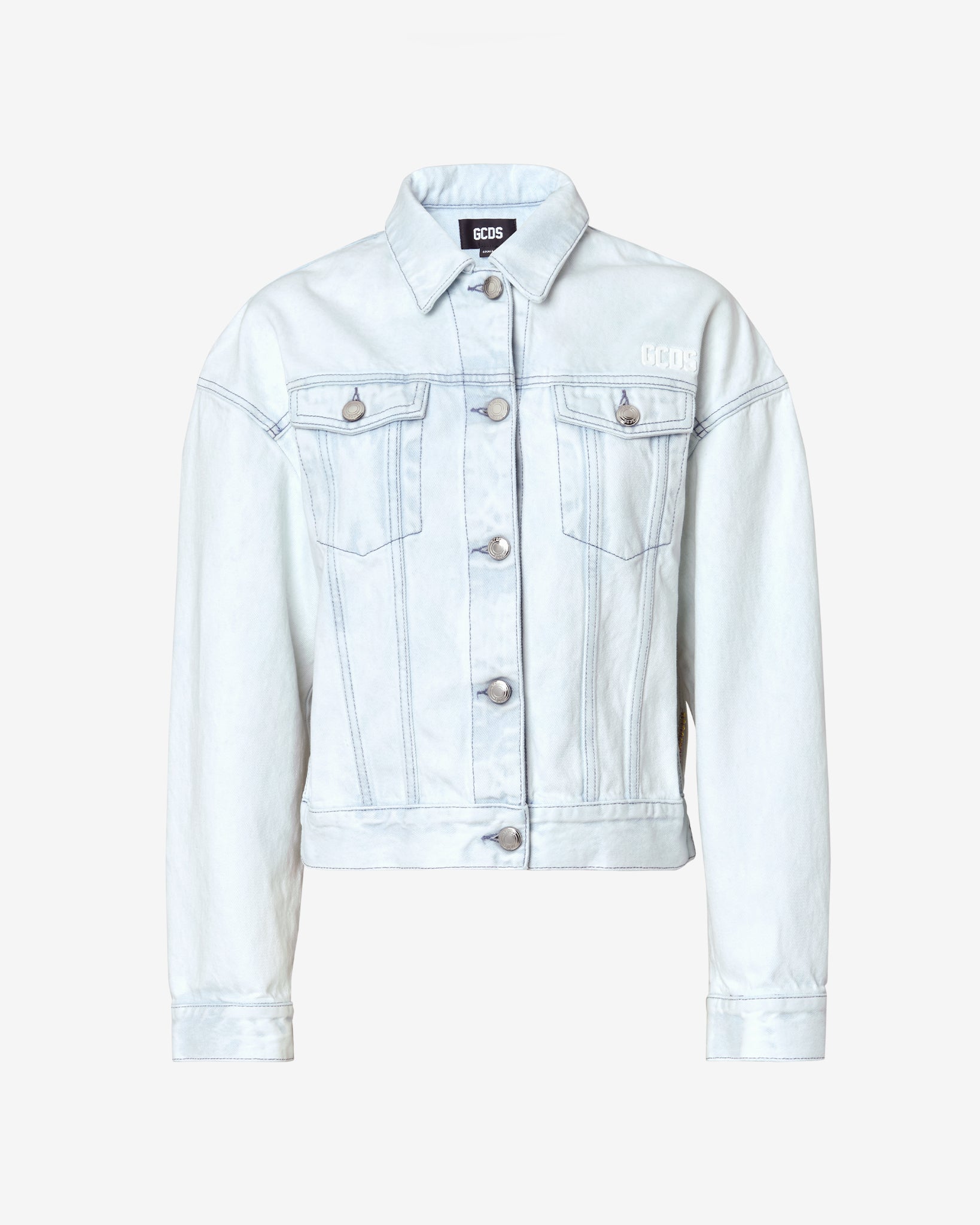 Allover Gcds Logo Denim Jacket: Unisex Outerwear Light Blue | Gcds