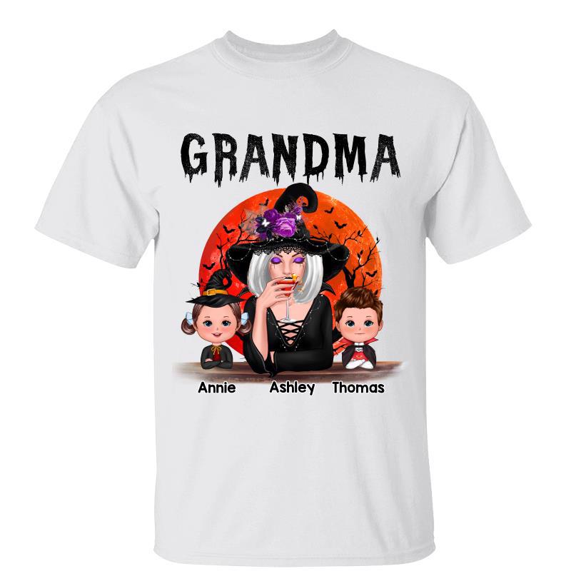 Halloween Moon Grandma Mom Witch With GrandKids Personalized Shirt - GiftyGifts product image