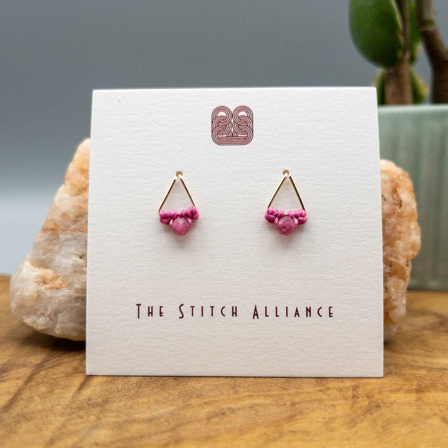Sterling Silver Wire Threader Earrings with Pink Tourmaline Stones,  Triangular Drop Earrings with Pink Gemstones