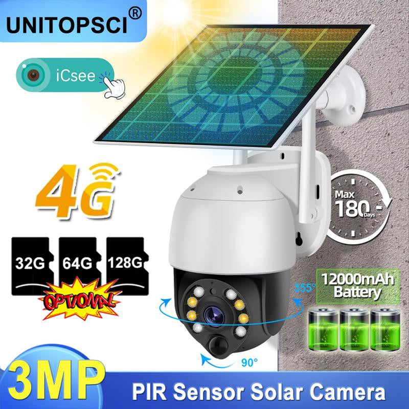 UNITOPSCI NEW【Built-in Battery& 4G Network】Solar Camera Outdoor IP Camera 3MP Wireless WIFI PTZ Camera PIR Motion CCTV Surveillance Security Camera iCSee+ 32/64/128GB TF Card (optional)