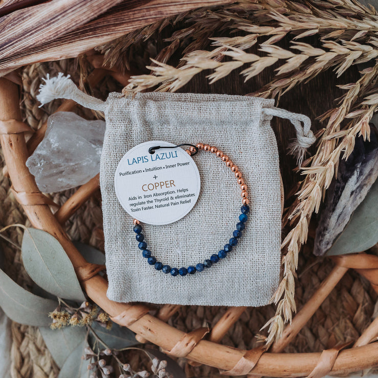Dainty and Elegant Multi-Faceted Lapis Lazuli beads + Genuine and solid 3mm Copper Bead Bracelet - Stretchy and Stackable - Theblueyogi