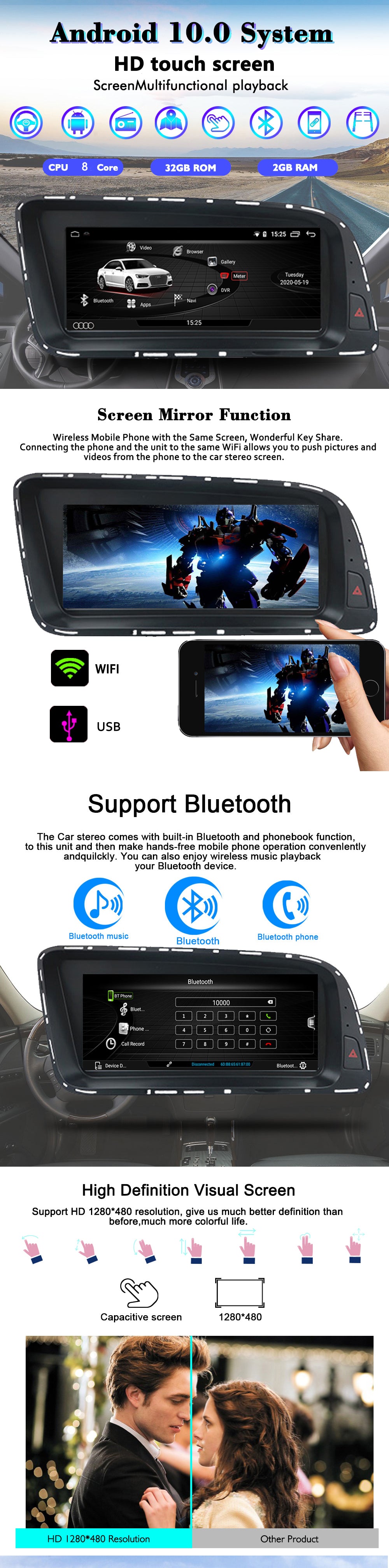 Android Autoradio Bluetooth pour Audi Q5 2009-2017 8 Core Autoradio 2 DIN  Navigation GPS Multimédia Voiture Stéréo avec Caméra de Recul SWC DSP FM AM  RDS USB ( Color : RHD NO