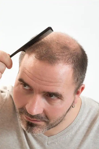 man combing his balding hair