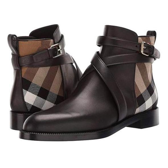 2020 Women Pu Leather Boots Buckle Design Plaid Ankle High Fashion - Executive-Skincare