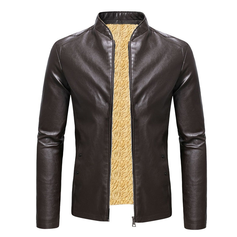 Winter Fleece Leather Jacket Men PU Faux Warm Suede Fashion Stand Collar Casual Solid Motorcycle Lea