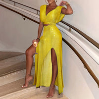 2023 Yellow Fashion Two Pieces Set Dress Set Evening  High Slit Maxi Mesh Skirt suit - Executive-Skincare