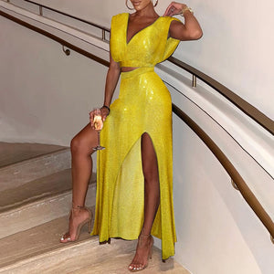 2023 Yellow Fashion Two Pieces Set Dress Set Evening  High Slit Maxi Mesh Skirt suit - Executive-Skincare