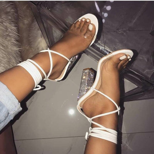 White Transparent Belt Thick-heeled High-heeled Sandals with Ope