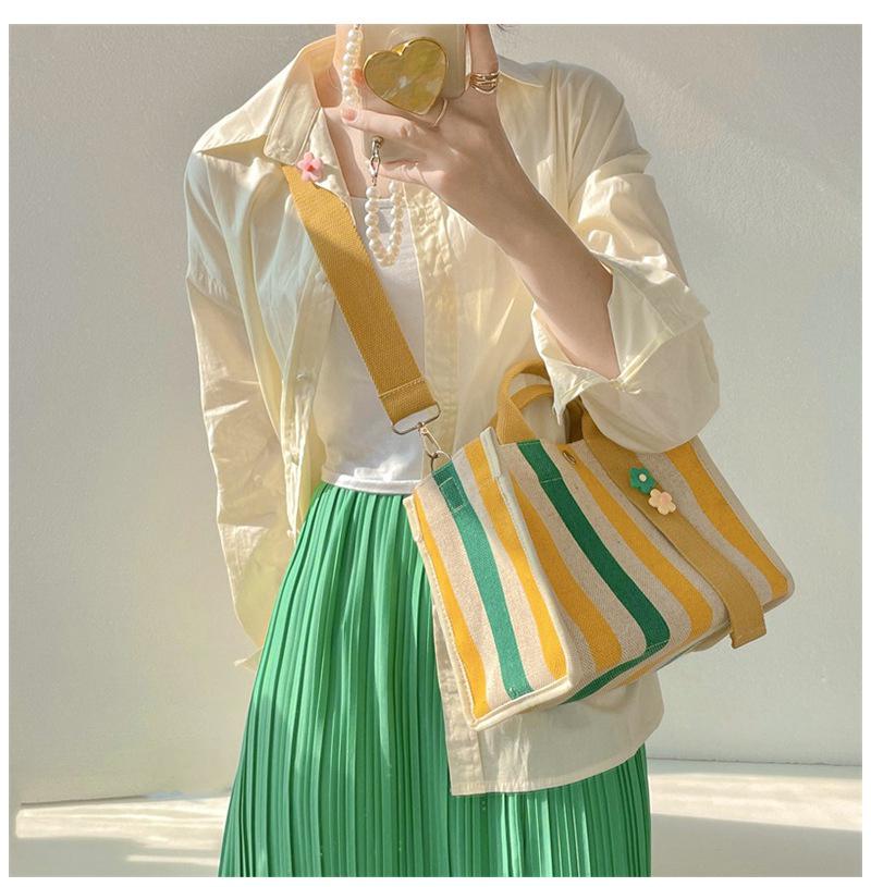 Rainbow Striped Shoulder Bag Canvas Small Tote Women Square Shap