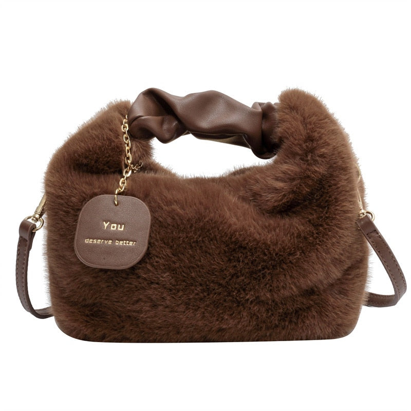 Women Faux Fur Handbags Zipper Small Lady Shoulder Crossbody Bag Casual Tote Half-Moon Hobos Winder