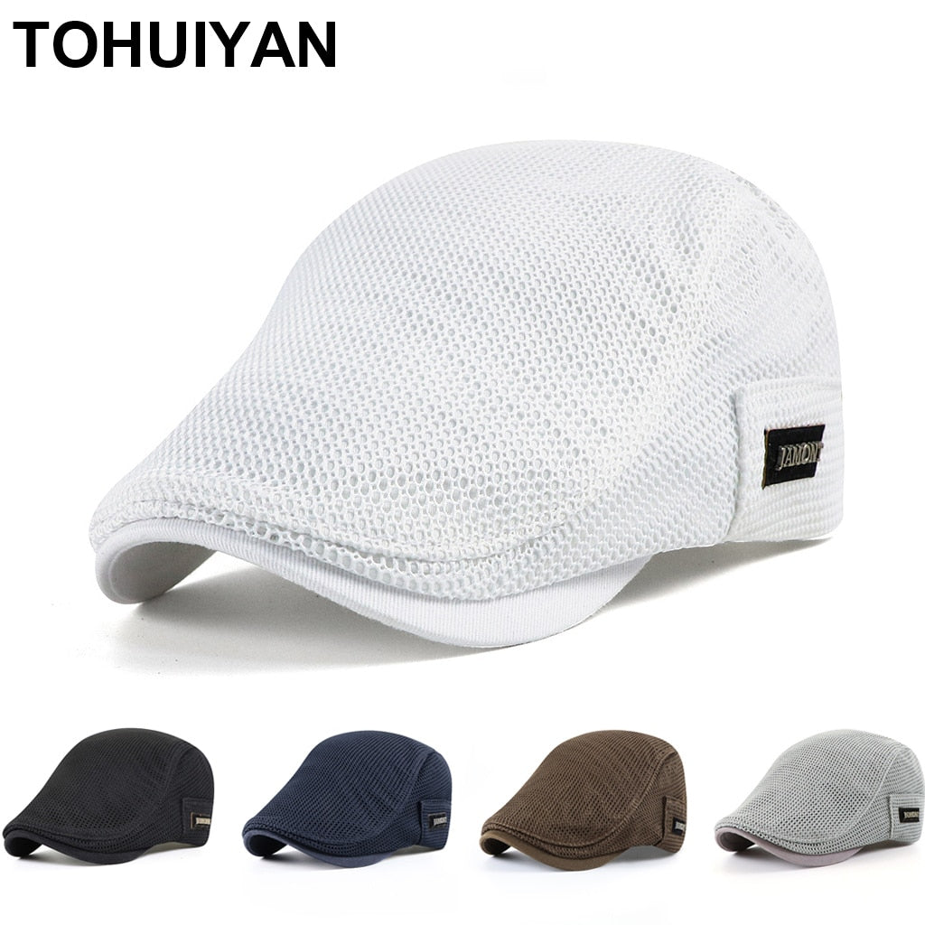 2023 Summer Mens Hats Breathable Mesh Newsboy Caps Outdoor Gorro Hombre Boina Golf Hat Fashion Solid