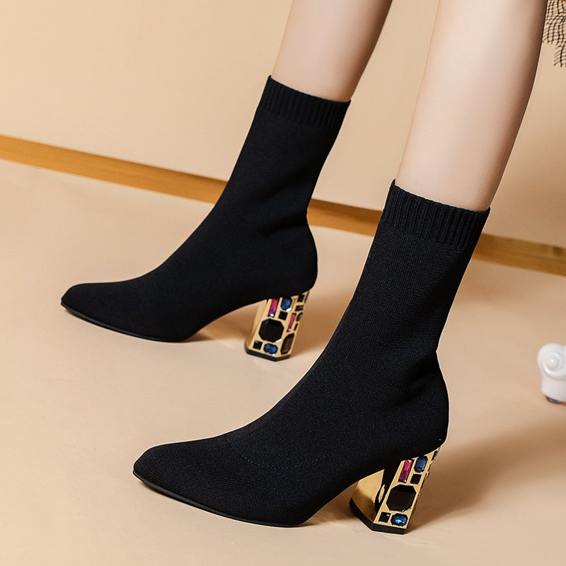 Elastic Sock Boots Women Winter Ladies High Heel Chunky Heel Rhinestone Botas Elegant Lady  Shoes