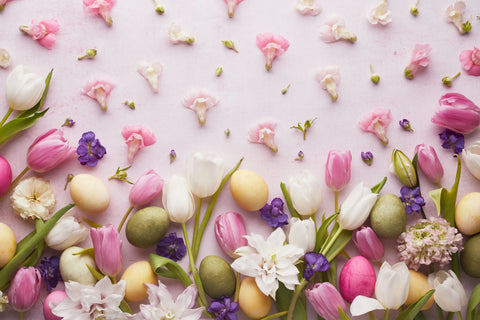 Easter eggs and amongst colourful flowers and petals