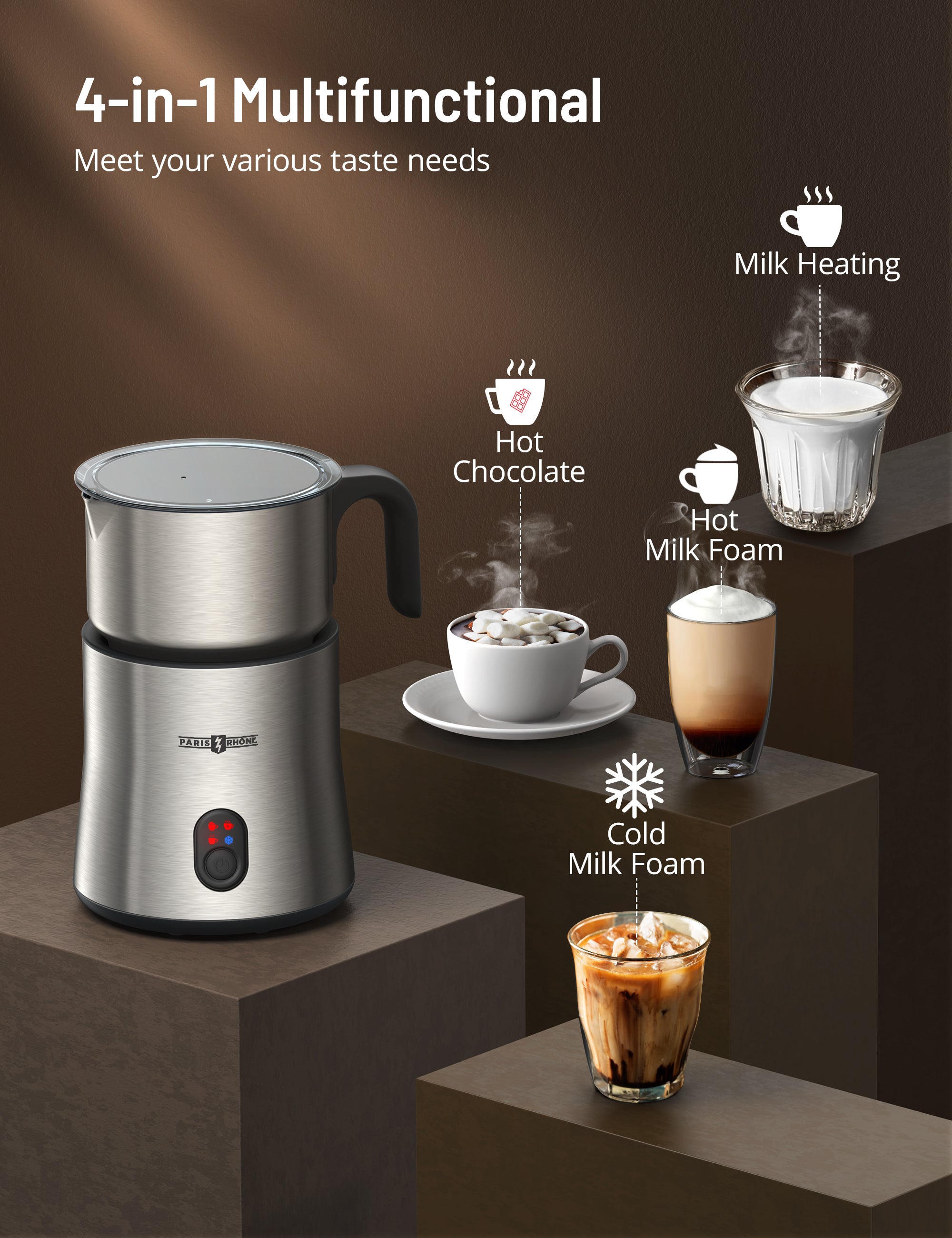 Paris Rhône 4-in-1 Electric Milk Frother MF010, Coffee Frother