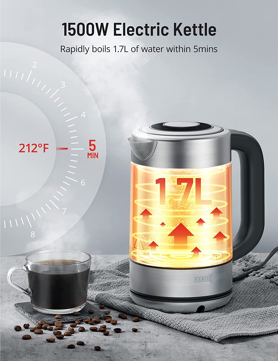 Paris Rhône Gooseneck Electric Kettle EK019, 4 Variable Presets1 Temperature ，Control & LED Real-time Temperature Display, 24H Keep Warm