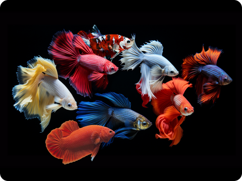 different bettas with various colours and fins