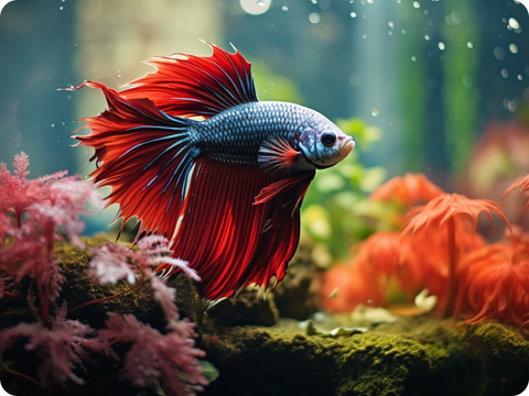 A betta fish in a natural plant-filled setting, highlighting the connection to nature