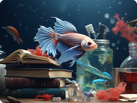 A betta fish in a tank surrounded by personal objects such as books, movies, sports equipment