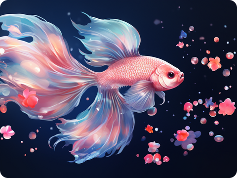 Whimsical image of a betta fish with amusing and light-hearted elements surrounding it