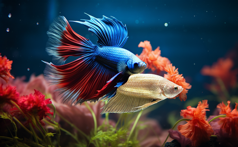A male and female betta fish in a tank ready for breeding