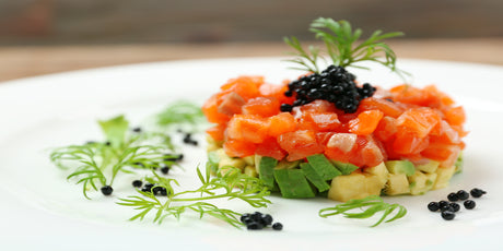 avocado, salmon and sturgeon caviar