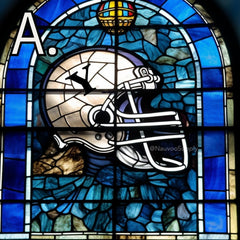 stained glass window of a BYU football helmet