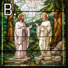 Stained glass window artwork of the Father and the Son in the Sacred Grove