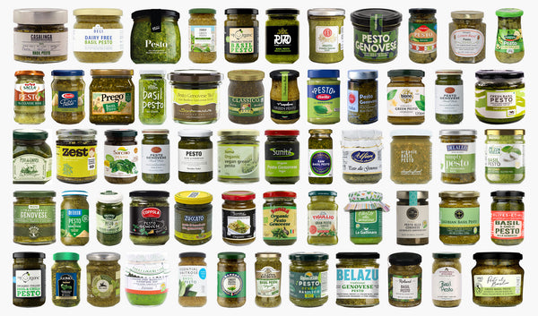 Montage of different basil pesto sauces