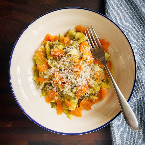 Maltagliati pesto pasta with smoked salmon