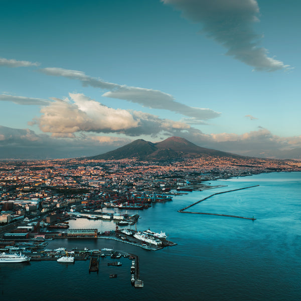 Naples from the air with Mount Vesuvius in the distance