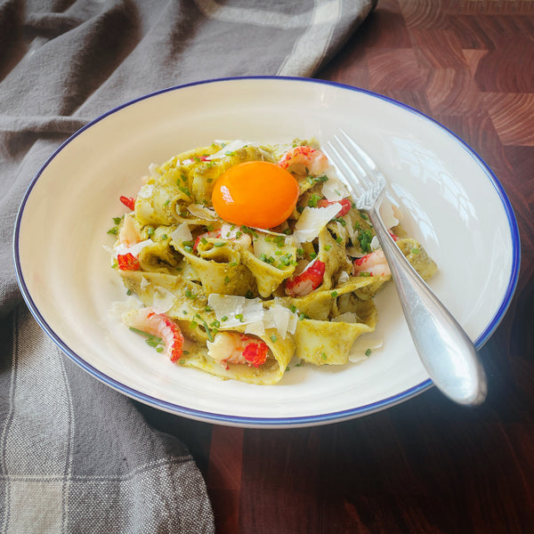 Pappardelle pasta with pesto and crayfish