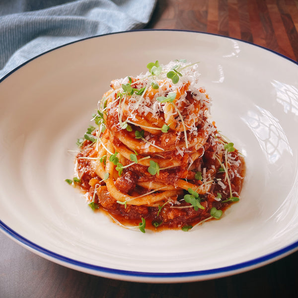 Pesto and rabbit ragu with pici pasta