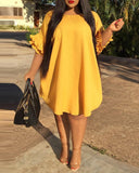 Plus Size Bell Sleeve Curved Hem Casual Dress