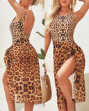 Leopard Print Backless One Piece Swimsuit With Cover Up
