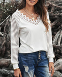 Lantern Sleeve Striped Print Lace Trim Top
