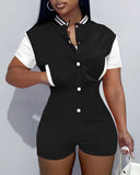 Baseball Collar Contrast Paneled Button Front Romper