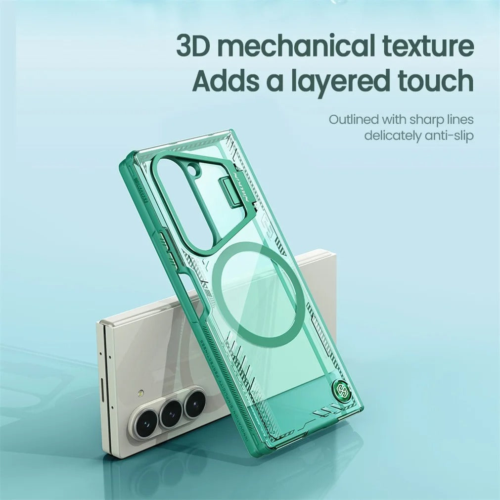Close-up of Z Fold 6 case showing clear design, integrated metal stand, and sustainable construction