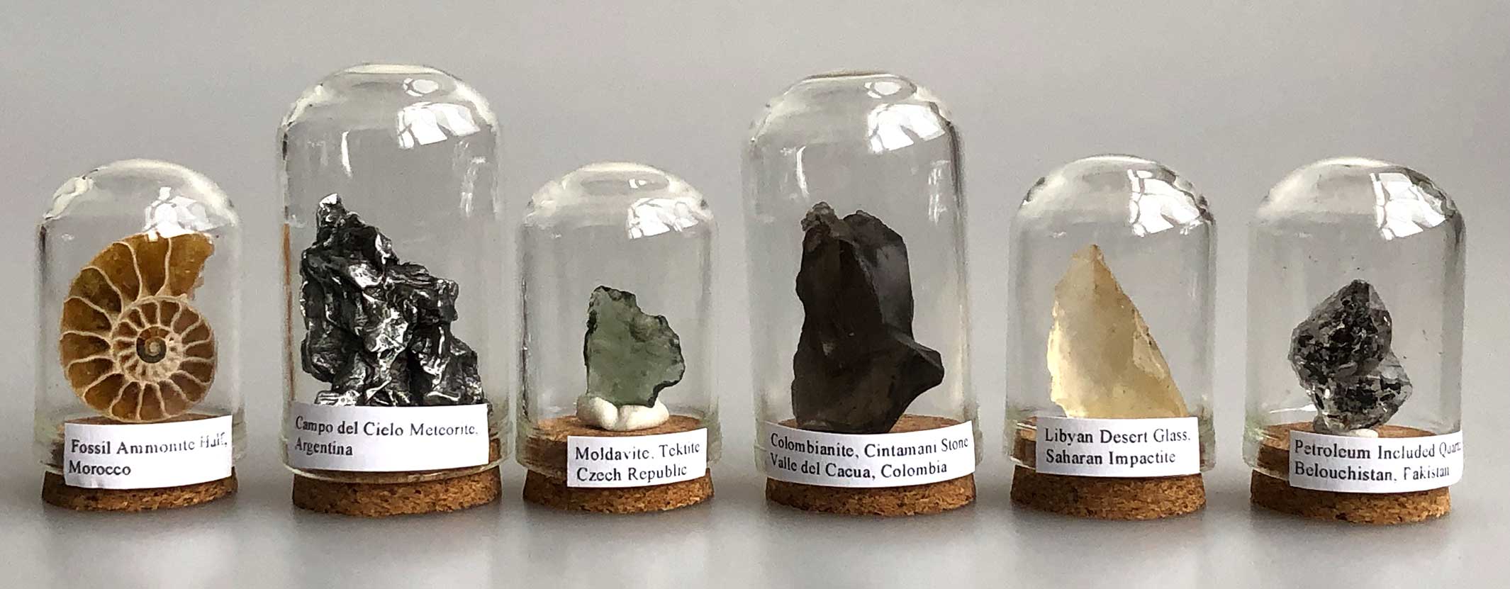 Tiny cloche glass dome small minerals, fossils and tektites