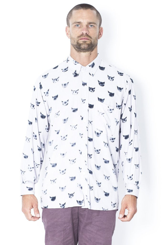 Faded Cat Print Long Sleeve Button-up 