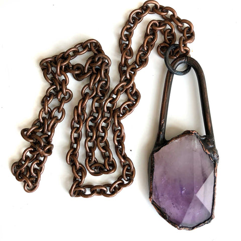 Amethyst Crystal Point Pendant, Electroformed Copper Necklace