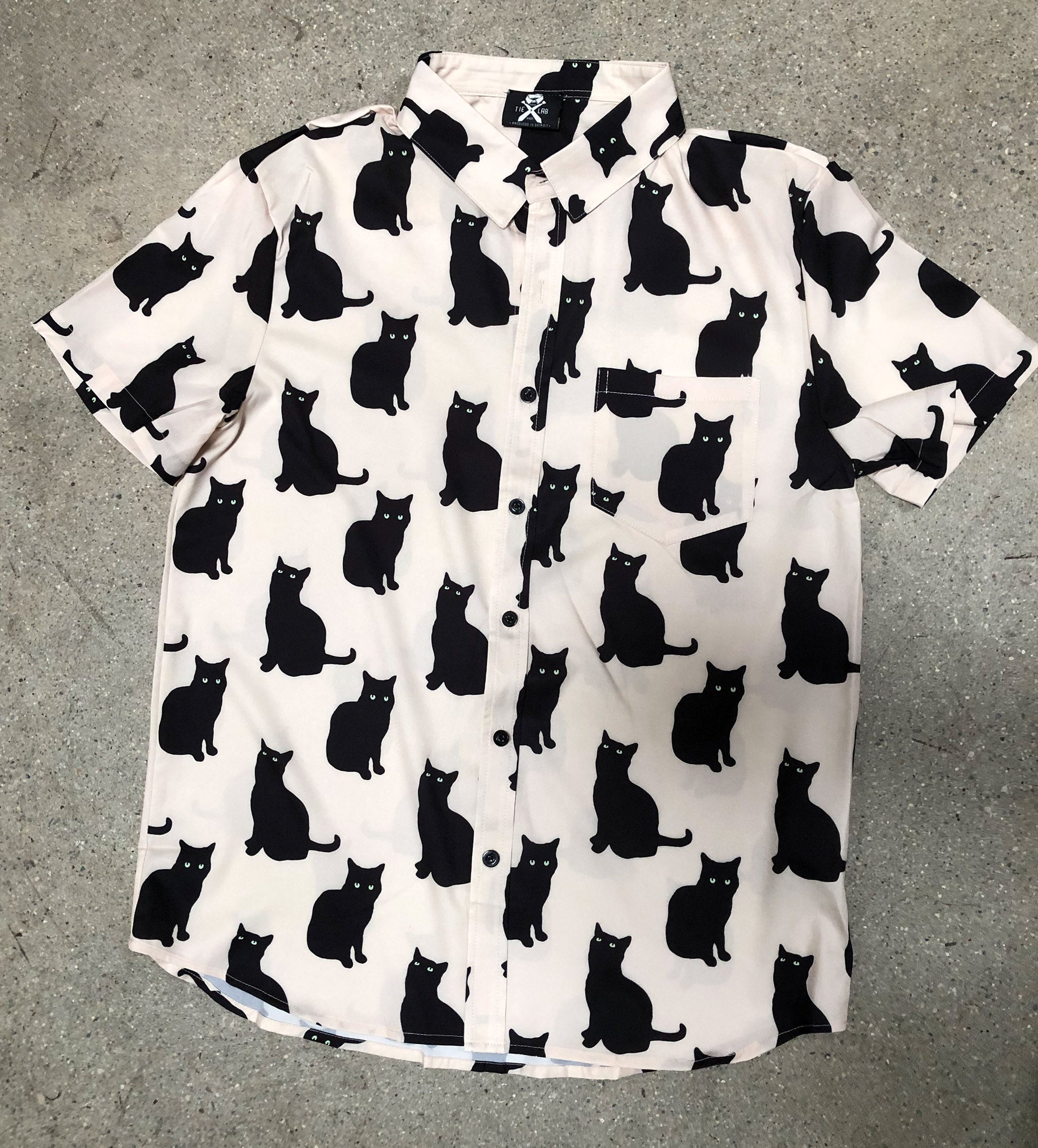 Black Cat Print Short Sleeve Button-up Shirt, Choose Pink or Cream