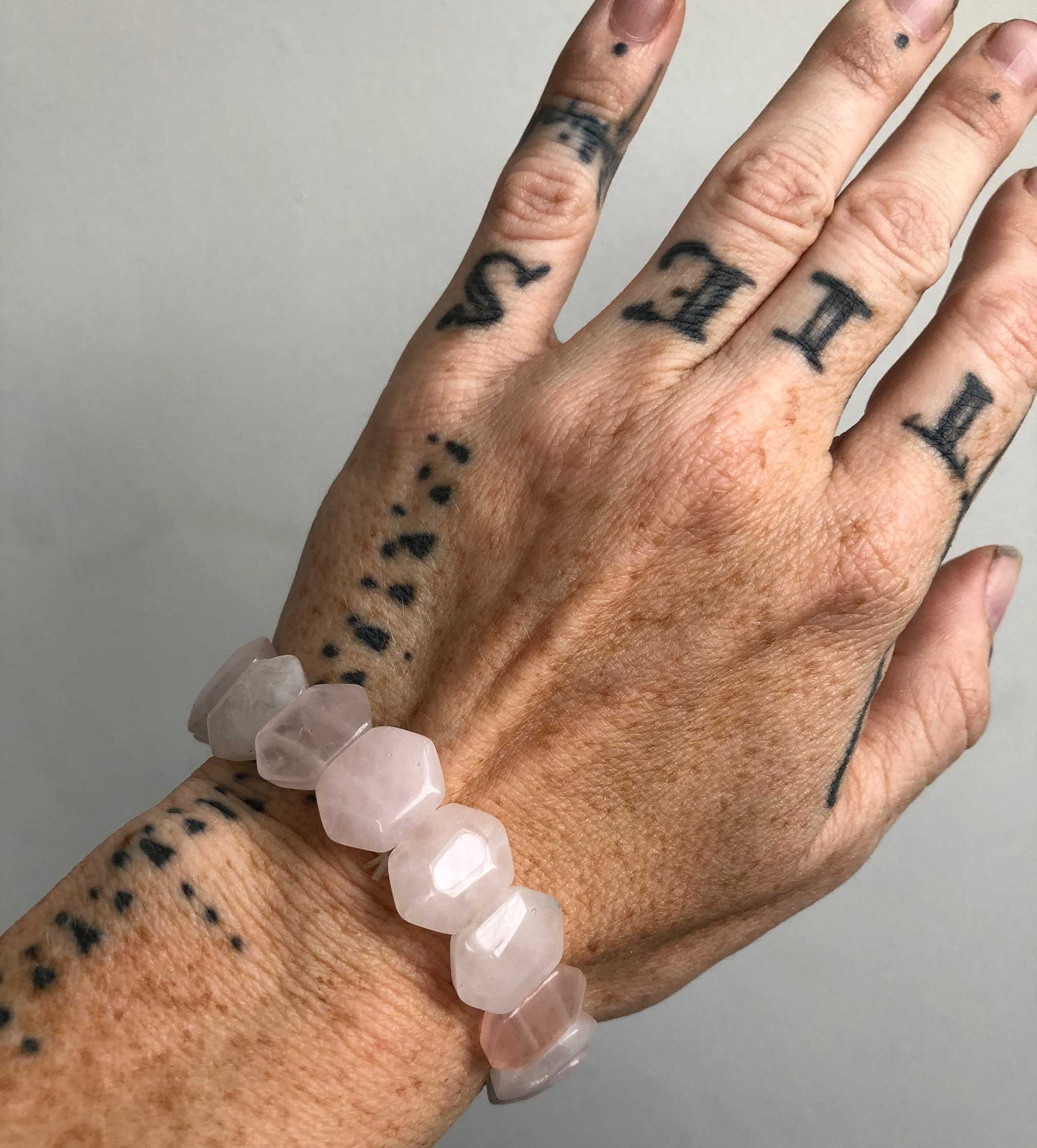 Rose Quartz Flat Stone Hexagon Bead Stretch Bracelet