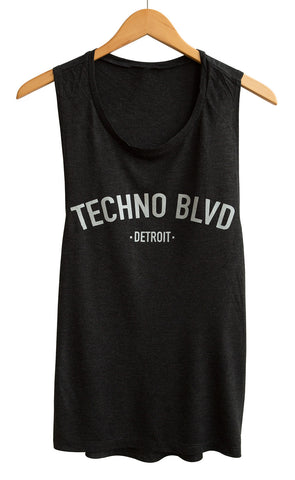 Techno Blvd Women's Silver on Heather Black Muscle Tank Top, Well Done Goods