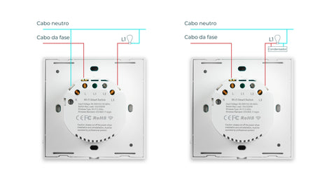 Instalación de interruptor de luz inteligente con cable neutro e instalación con condensador respectivamente