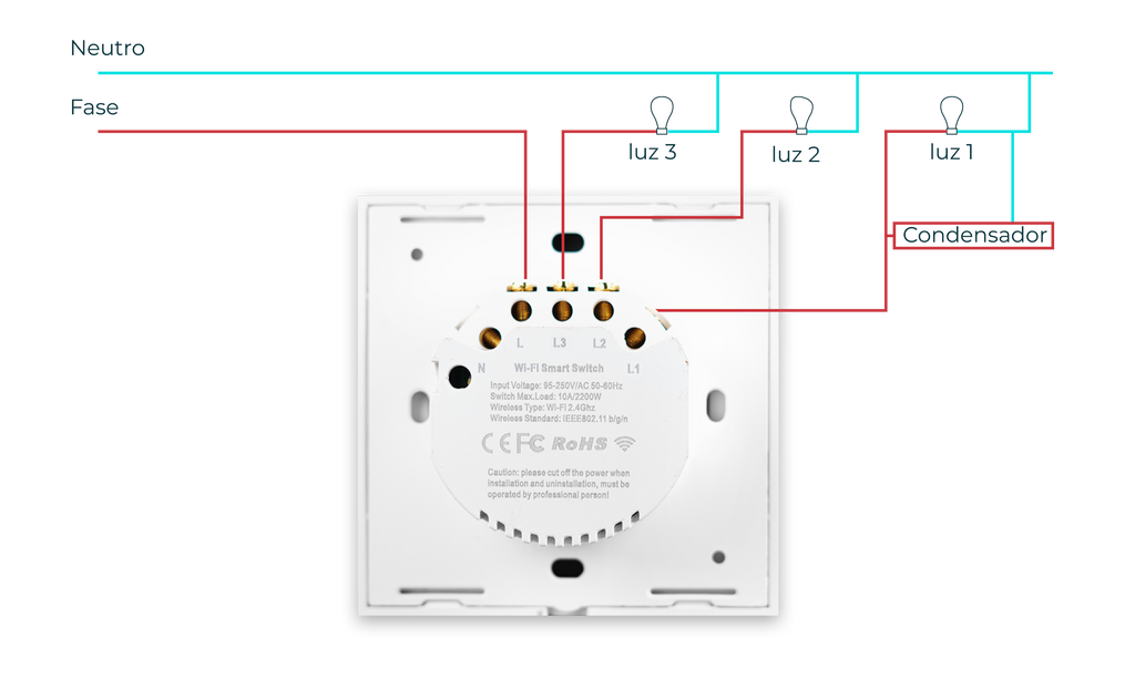 Instalação com neutro do Interruptor de luz Inteligente Wifi Smartify