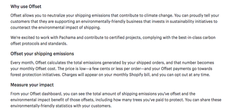 Offset application integrated with shopify store. neutralize your shipping emissions that contribute to climate change. This allows us to be an environmentally-friendly business that invests in sustainability initiatives to counteract the environmental impact of shipping.