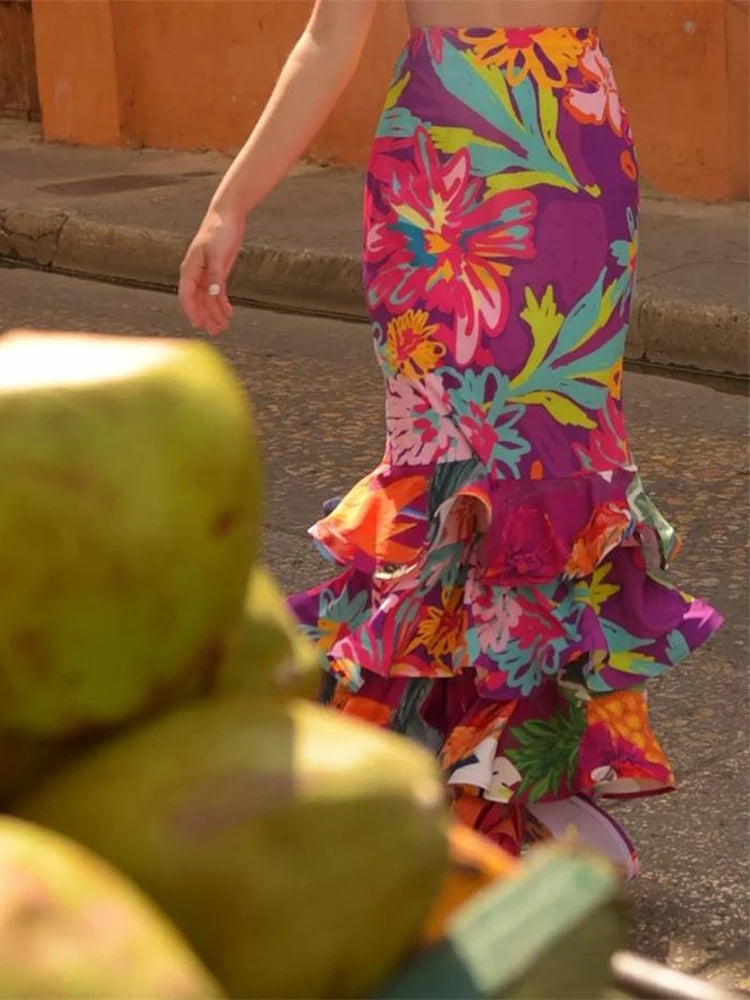 Conjunto Feminino Cropped e Saia Longa - Floral Urbano