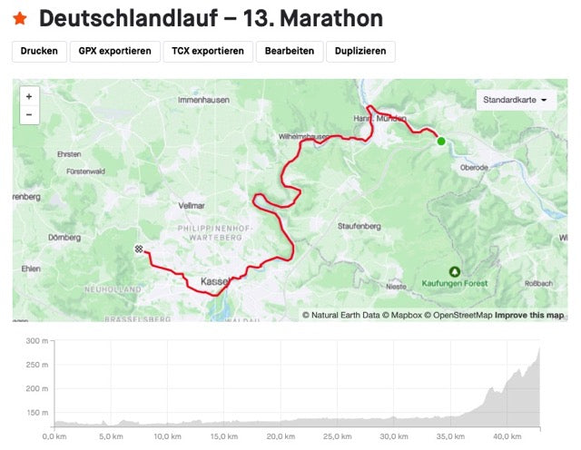 Route des Spendenmarathon von Hann. Münden nach Kassel