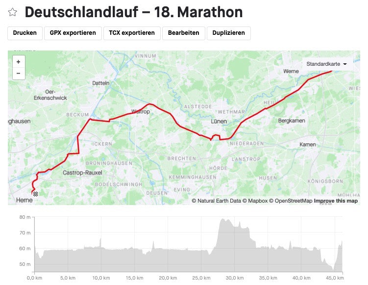 Route des 18. Spendenmarathons von Werne nach Herne